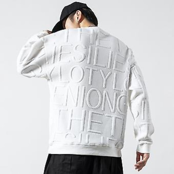 Herrar Hösttröja Engelska Bokstäver Rund Hals Långärmad Casual Tröja Varm Andningsbar Koreansk Stil Vårtröja Herrkläder (XL Vit)