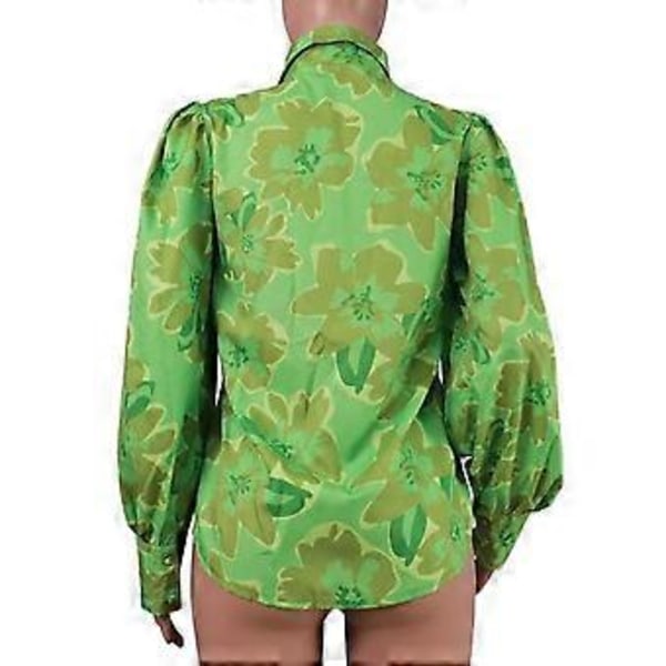 Dam Lapel Puff Långärmad Skjorta Toppar Blommönster Enkelknäppt Lös Passform Tunn Blus Arbetskläder (S grön)