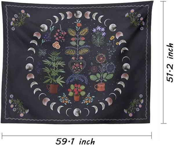 Botanisk Månefase-veggteppe - Blomsterplanter Boho Veggteppe