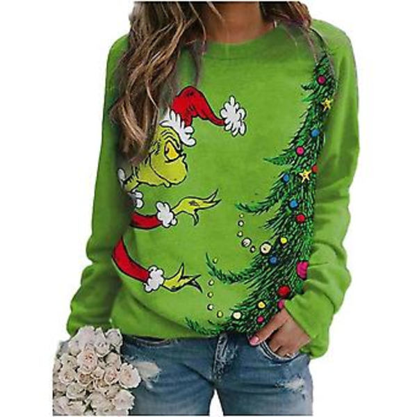 Damer Juletrøjer med The Grinch Print - Casual Julefest Trøje Bluser Topper (3XL Grøn)