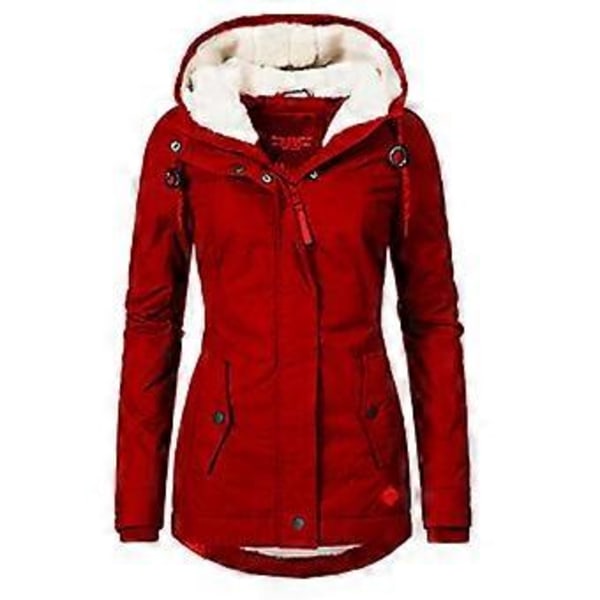 Vedenpitävä Lämmin Hupullinen Talvitakki Paksu Fleecevuorattu Puuvillatakki Naisille (XL Punainen)