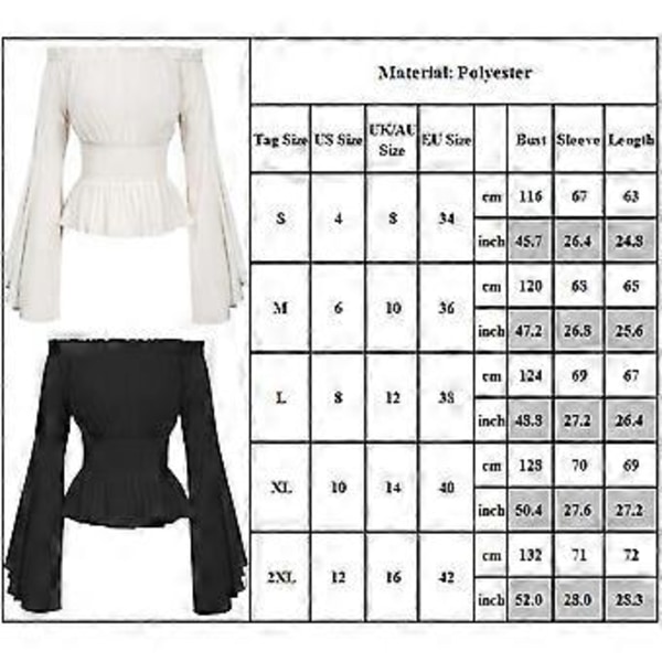 Kvinners renessansebluse, enkel elastisk midje, topp, middelaldersk viktoriansk, off shoulder, langærmet skjorte, pirat cosplay-kostyme (S Beige)