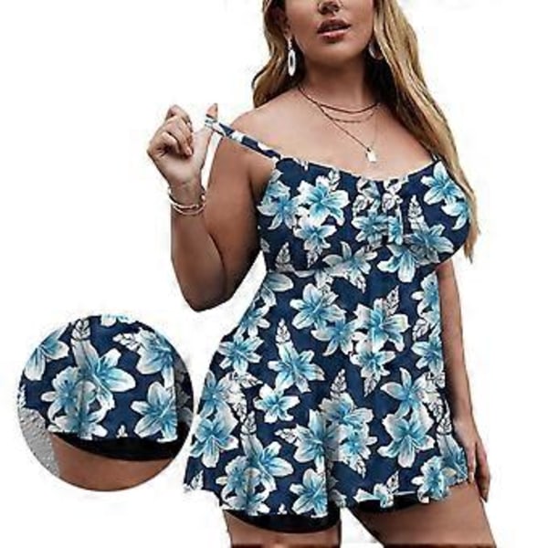 Dam Plus Size Baddräkter Blommigt Tryck 2-Delad Tankini Baddräkter med Shorts för Simning Strandfester (2XL Blå och Vit Blomma)