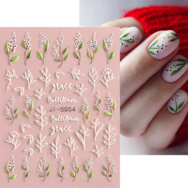5D Präglade Blomsterblad Nagelkonst Dekaler 10 Ark 5 Stilar