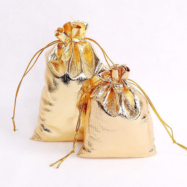 100 stk. Guld Sølv Organza Pose Smykker Emballage Pose Bryllup Fest Gunst slikposer Snøre Gaveposer 9x12cm Guld