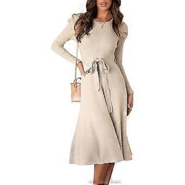 Strikkede Kjoler Dame Elegant Sweater Kjole Rund Hals Vinterkjole Med Bælte Casual Langærmet Midi Kjole Tunika Sweater Kjole til Fest Cocktail