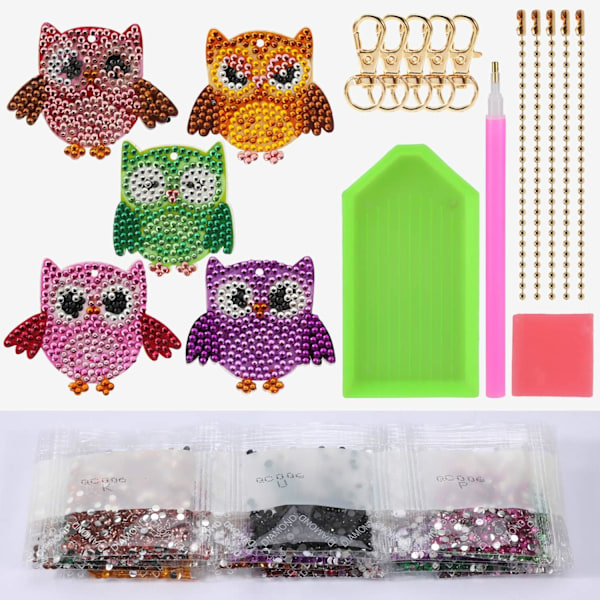5 Stykker DIY Ugle Diamantmaleri Nøkkelringer, DIY 5D Mosaikkform