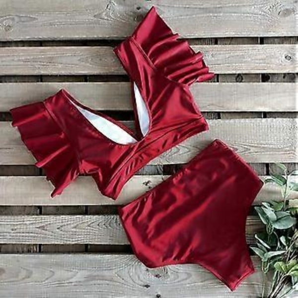 QQDD Dame Flæse Høj Talje Badedragt Todelt Push Up Tropisk Print Bikini (M Ensfarvet Rød)