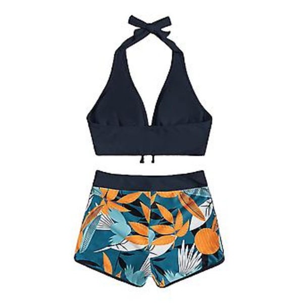 Kvinnors Padded Bikini Set med Lövtryck, Halterneck-BH, Slips-Topp, Hög Midja, Pojk-Shorts, Baddräkt, Sommarstrandkläder (3XL Svart)