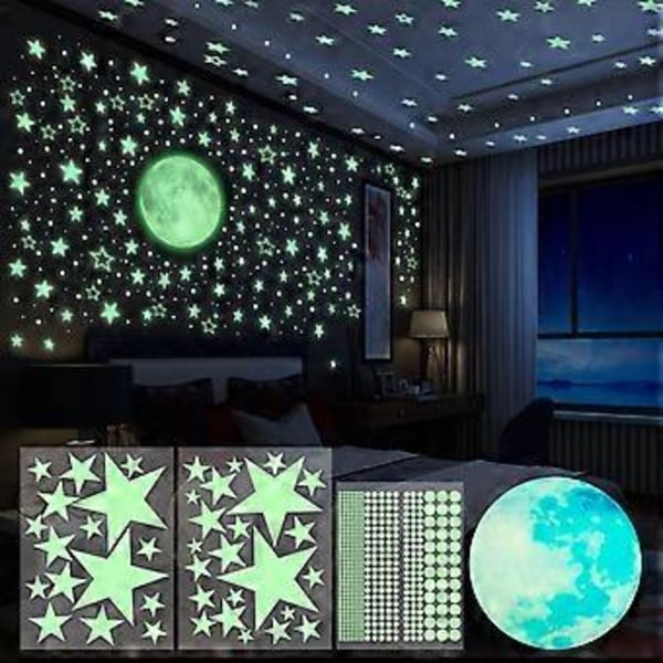 Självlysande Stickers 4 Delar Måne Självlysande Stjärnor Väggdekaler Fluorescerande Takdekoration Sticker för Barnrum 435st