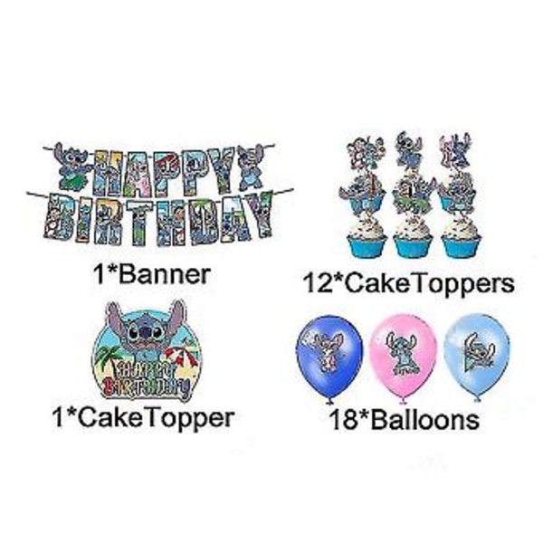 Stitch-tema födelsedagsfest Dekoration Ballonger Banderoller Tårta Toppers Set ( )