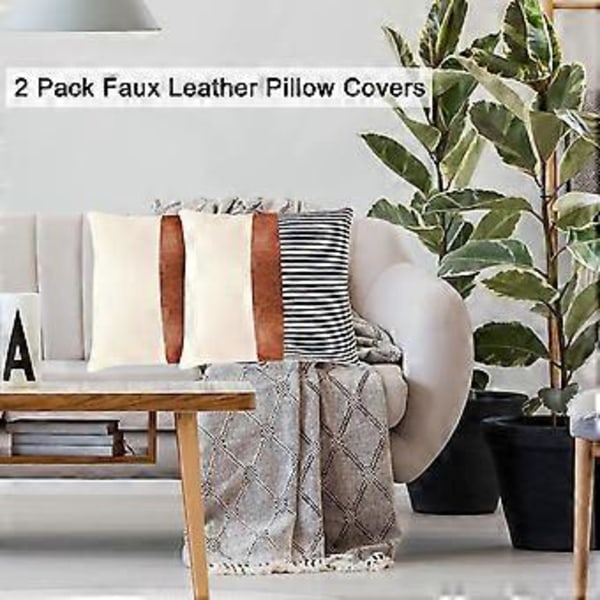 Bondkuddar med lantlig stil, 18x18 tum, 2-pack Dekorativa kuddfodral för säng, Bondkuddar för soffa, Faux läder Boho kuddfodral, TIMDAM