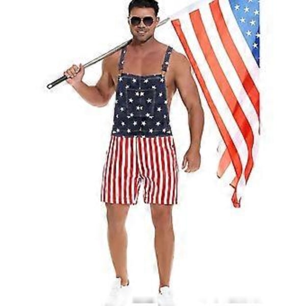 Amerikanlippu-haalareiden denim-haalarishortsit säädettävillä hihnoilla, taskuilla (5XL Punainen)
