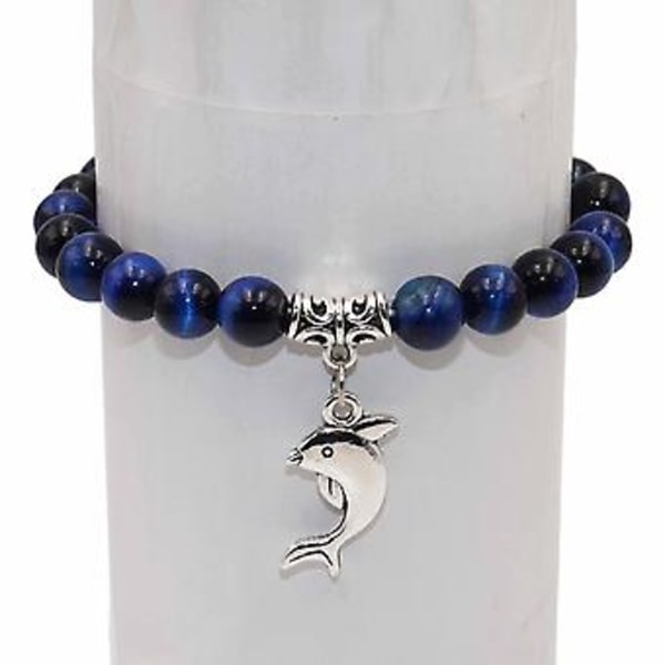 Grossist Naturstenspärlor Delfin Tigeröga Agater Mala Pärlor Armband Bangles Charm För Kvinnor Män Yoga Armband Femme Present (Blå Tigeröga)
