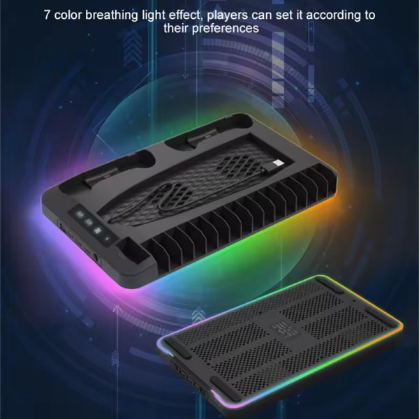 Musta, PS5-latausasema ja jäähdytysasema RGB-valolla