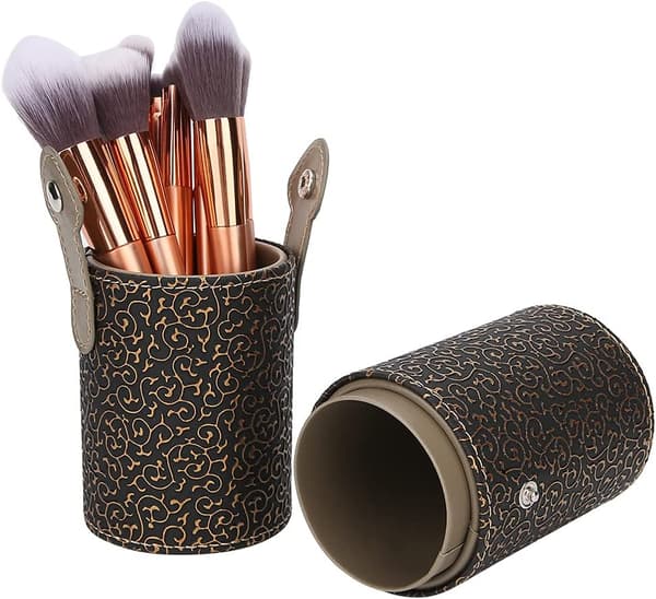 (Brons) PU Läder Makeup Borsthållare Bärbar Makeup Borste Cu