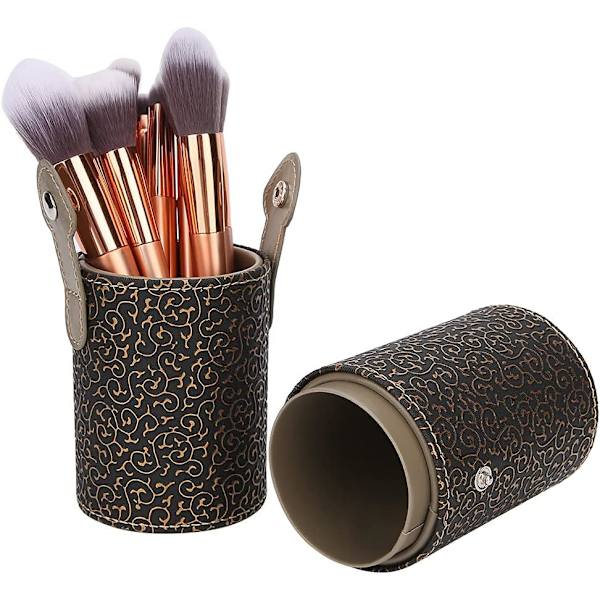 (Bronze) Pu Læder Makeup Penselholder Bærbar Makeup Pensel Cu