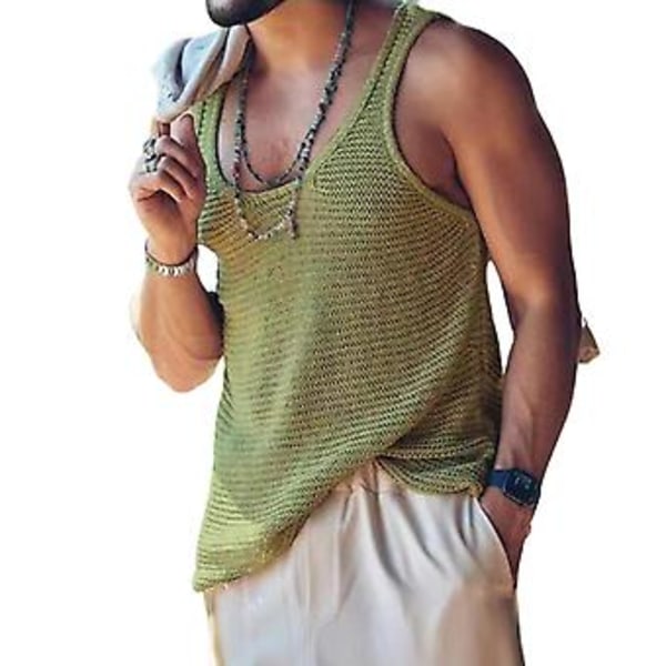 Herrsommarväst Ärmlös Enfärgad Enkel Stil Stickad U-ringad Sport Mjuk Tröja Herrar Tank Top Herrkläder (XL Grön)