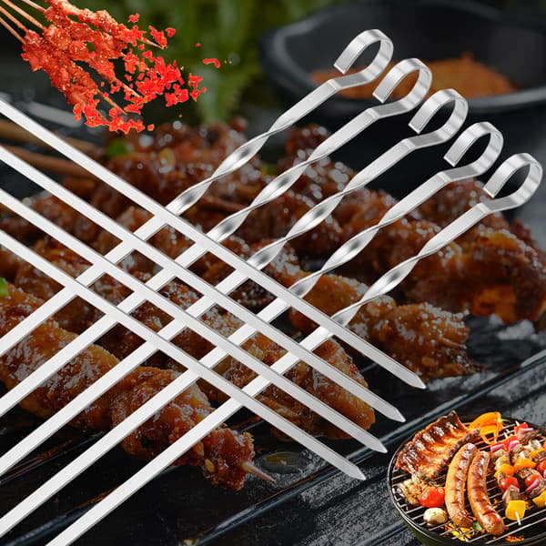 10 stk. grillspyd i rustfrit stål til grill, flade metalspyd