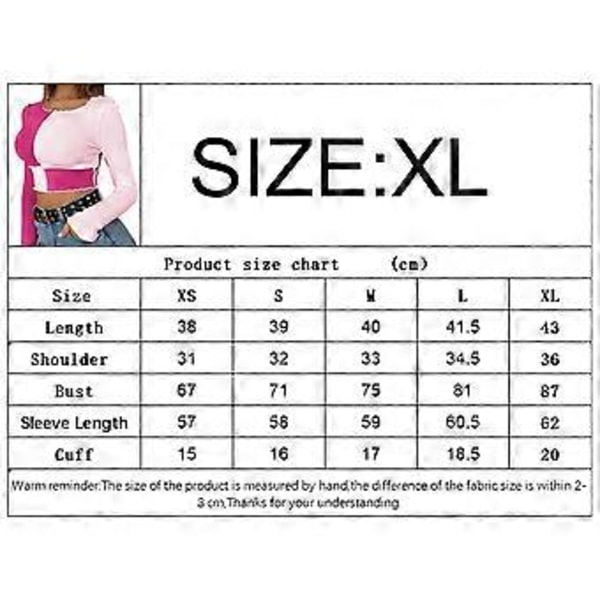 Langermet firkantet hals crop top for kvinner, ribbestrikket slim fit casual t-skjorte topper rosa slim fit patchwork bluse (X Large)