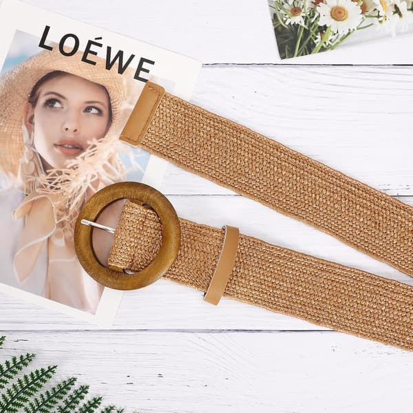 Flettet belte for kvinner, strå, elastisk stretch midjebelte, boho-belter, dame sommer strandkjolebelter