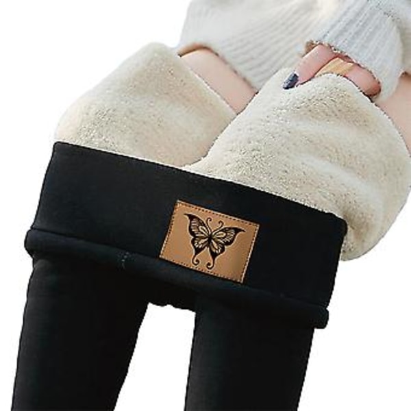Tjocka Leggings för Kvinnor Vinter Anti-Kall Varma Strumpbyxor Plus Storlek Snöbyxor Fodrade Termiska Kläder (S Fjäril Svart)