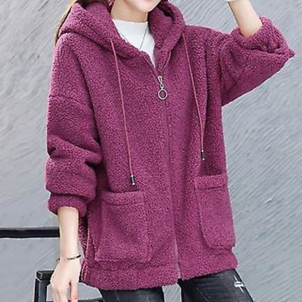 Tyk, varm lammefrakke til kvinder i plus størrelser med hætte, lynlås og cardigan-hoodie (L Lilla)