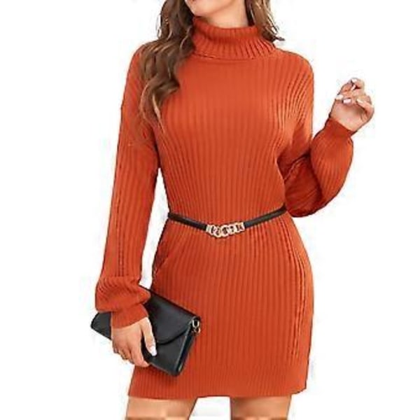 Kvinners Høyhalset Strikket Kjole Høst Vinter Casual Løstsittende Lang Puff Erme Ribbestrikket Pullover Kjole (XL Lys Kaffe)