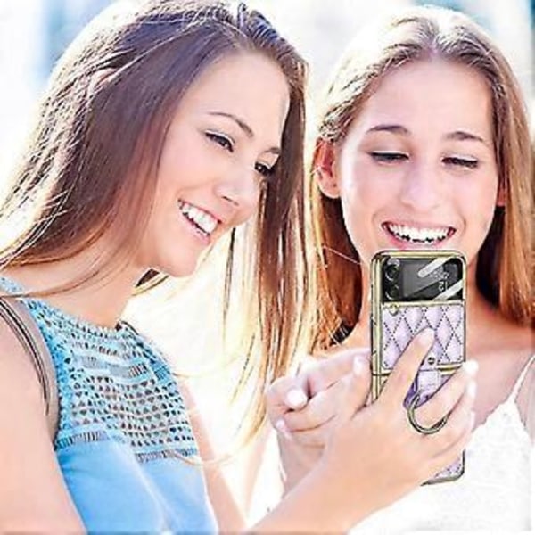 Rombformaterat Läderfodral Kompatibelt Med Samsung Galaxy Z Flip 3 Med Ring, Galvaniserad Ram Skyddande Omslag - Lila