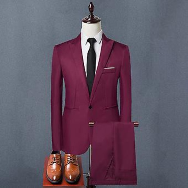 2 osaa/setti Miesten yksivärinen liike- ja työasu, pitkähihainen, yksirintainen bleiseri, slim fit, keski-istuva, pitkät housut (M harmaa)
