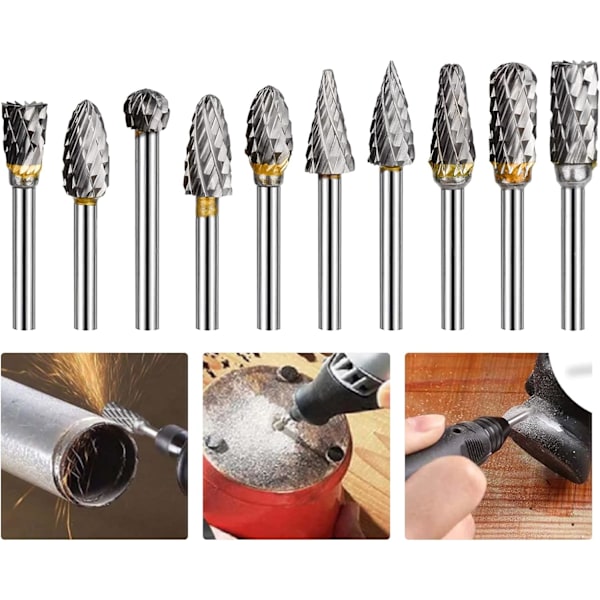 Tungstenkarbid Stål Dubbelkant Rotationsverktyg Burr Set, 10 stycken