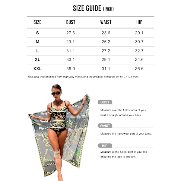 Heldekkende badedrakt med cover-up-sett - Bohofeel kjedeprint push-up badedrakt med strandskjørt sexy badedrakt M hvit