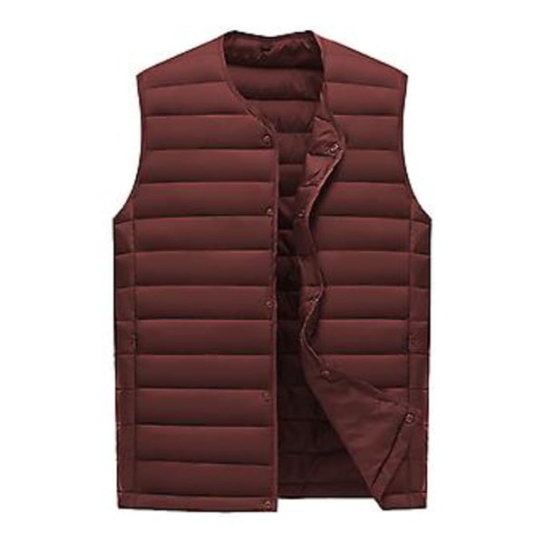 Herrar Vinterväst Enfärgad Vadderad Ärmlös Singelknäppt Cardigan Varm V-ringad Vindtät Vinterväst för Resa (2XL Vinröd)