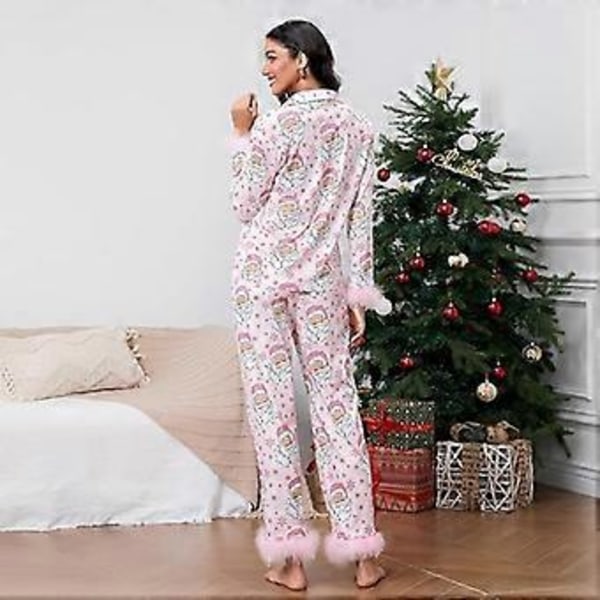 Dame Pyjamassett med Fjærkant, Lang Erme, Knapper, Todelt Loungesett, Satin PJs, Pyjamas, Nattøy (2XL Rosa Julenissen)
