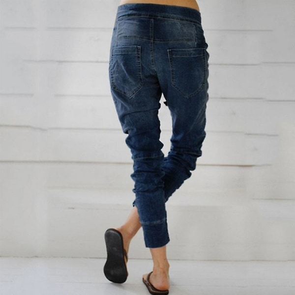 Women Drawstring Elastic Waist Jeans Casual Cropped Denim Pants Trousers Baggy Bottoms Navy Blue M