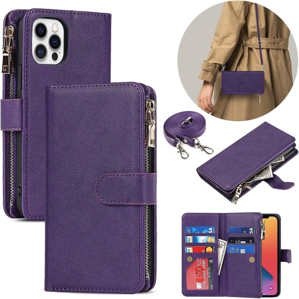 För Iphone 12/12 Pro case med korthållare och justerbar korsband, Pu-läder Kickstand-kortplatser [ej avtagbar] Flip Cover case 6