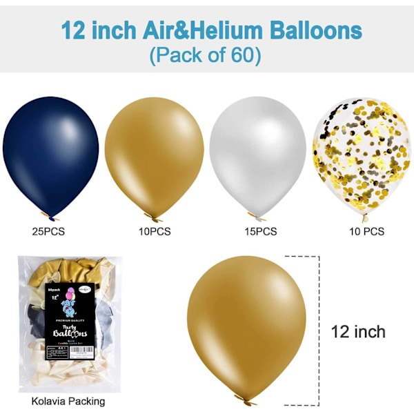 Ballonbue Kit, Blå Ballon Girland, Hvid og Guld Latex