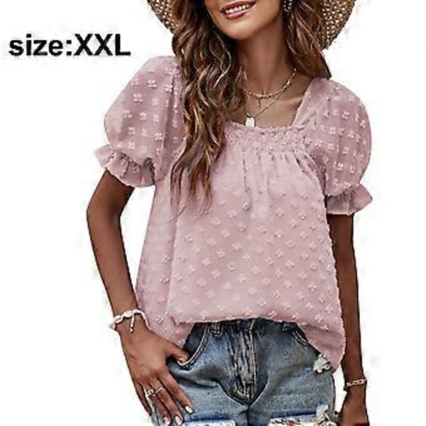 Lyhythihaiset paidat kesä rento T-paidat kesä naisten neliöpääntie sifonki jacquard Sweepink(XXL )