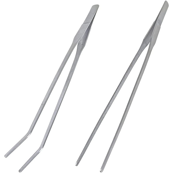 2 rustfrie pincetter i rustfrit stål, lige og buet, akvatiske plantepincetter