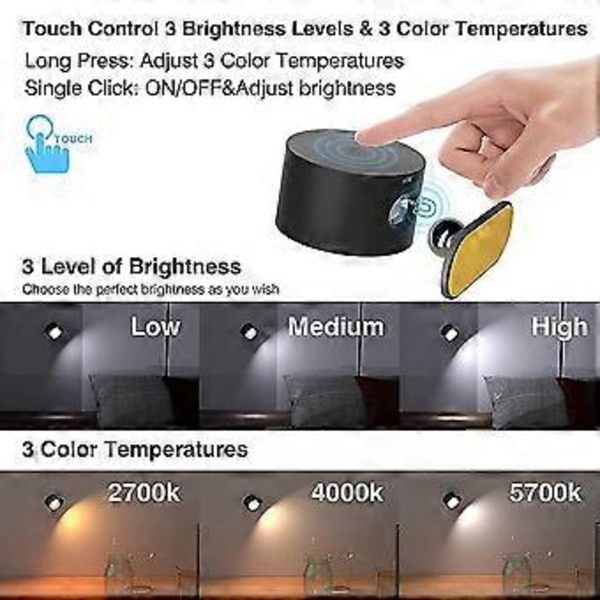 Genopladelig væglampe sengelampe læselampe genopladelig bærbar touch justerbar natlampe magnetisk suge skabslys (Hvid)