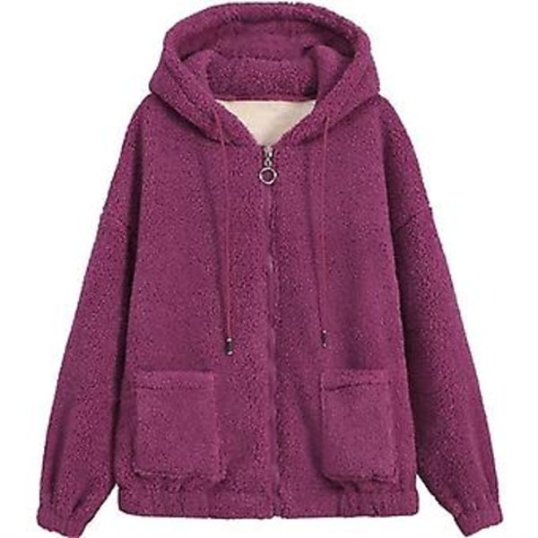 Tyk, varm lammefrakke til kvinder i plus størrelser med hætte, lynlås og cardigan-hoodie (L Lilla)