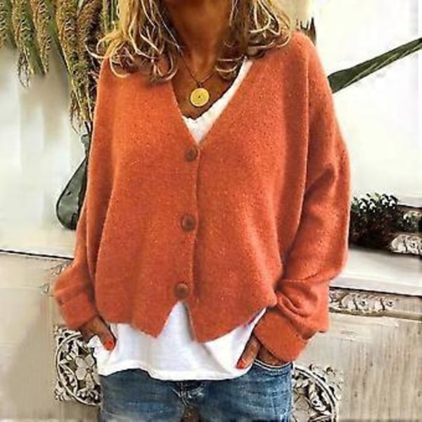 Dame Sweater Frakke V-Hals Langærmet Enkeltknappet Strik Sweater Ensfarvet Løs Pasform Sweater Cardigan (L grøn)