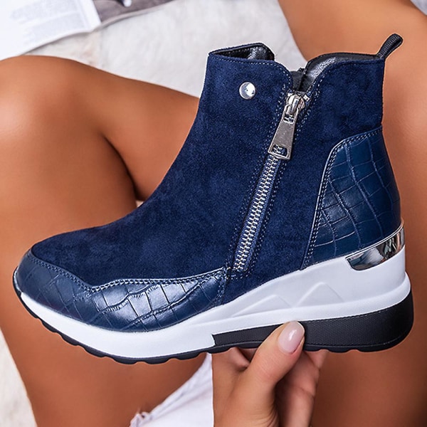 Women Wedge Ankle Boots Zip High Top Sneakers Trainers Shoes Blue 38