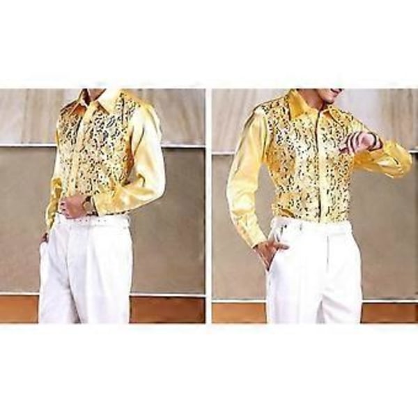 Lyxig herrskjorta med paljetter, kavajslag, långärmad, enkelknäppt, bröllopsskjorta för scenen, slim fit, formell fritidsskjorta (L röd)