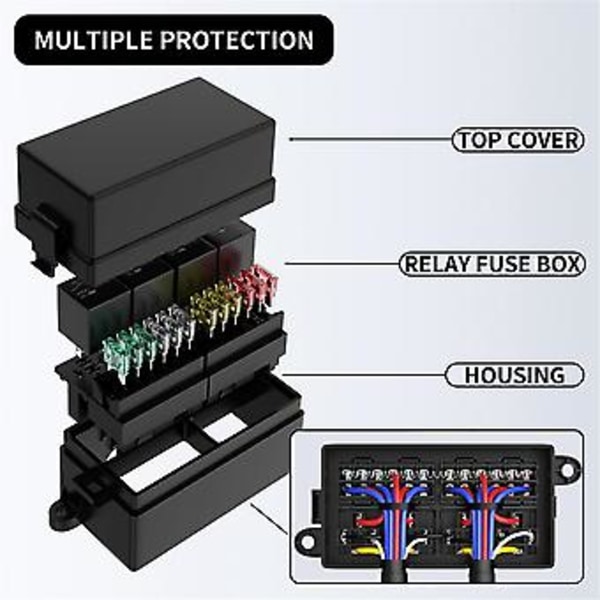 12V Säkringsreläbox Förinstallerad Säkrings- och Reläbox med 4 Reläer 12-vägs ATC/ATO Säkringar Tät 12V Relä