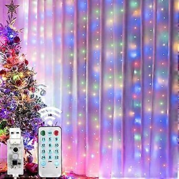 3X3M 300 LED Valoverho 8 Valotilaa Musiikki USB Valosarja Sisä- ja Ulkokäyttöön Joulu Koristelu Kaukosäätimellä, Monivärinen
