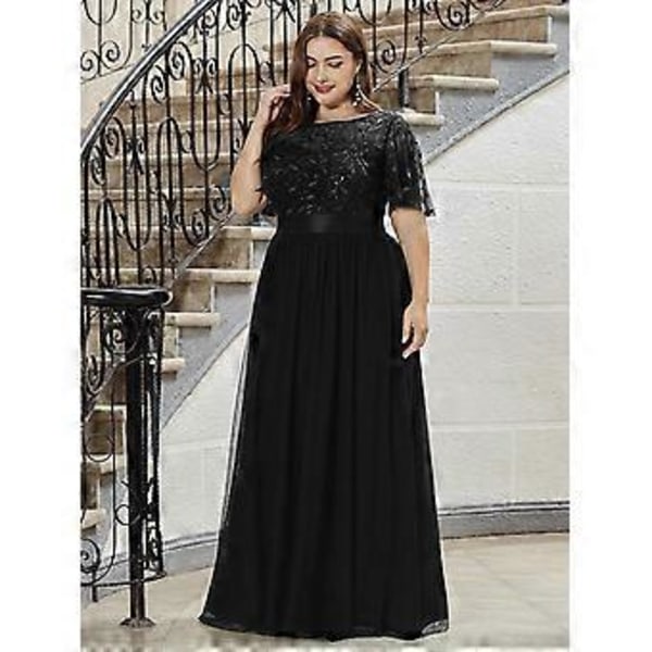 Ever-Pretty Dame Plus Size Sequin Broderi A-Linje Kortærmet Bryllupsgæstekjole (4XL sort)