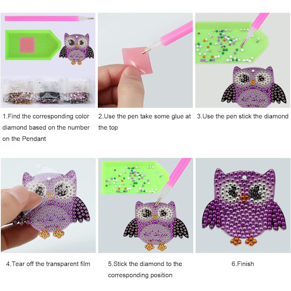 5 Stykker DIY Ugle Diamantmaleri Nøkkelringer, DIY 5D Mosaikkform