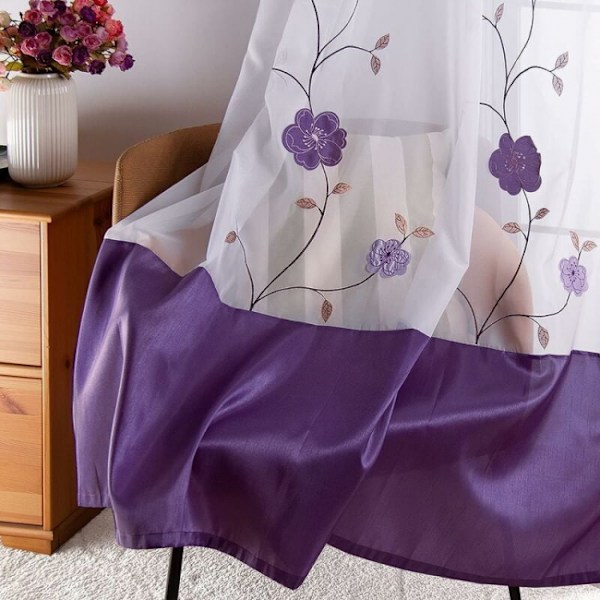 2 kpl 140cmx245cm, violetit silmukkareunaiset verhot läpikuultavat kukka Embroi