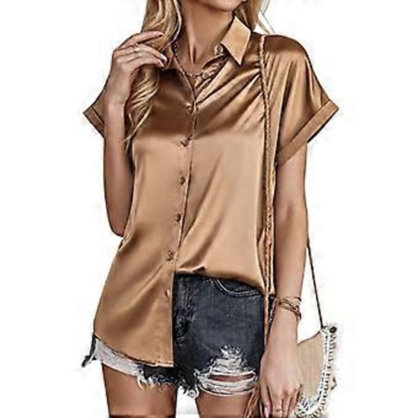 Satinbluse for kvinner, svart, grønn, hvit, med krage, knapper, korte ermer, løs bluse for damer (M khaki)